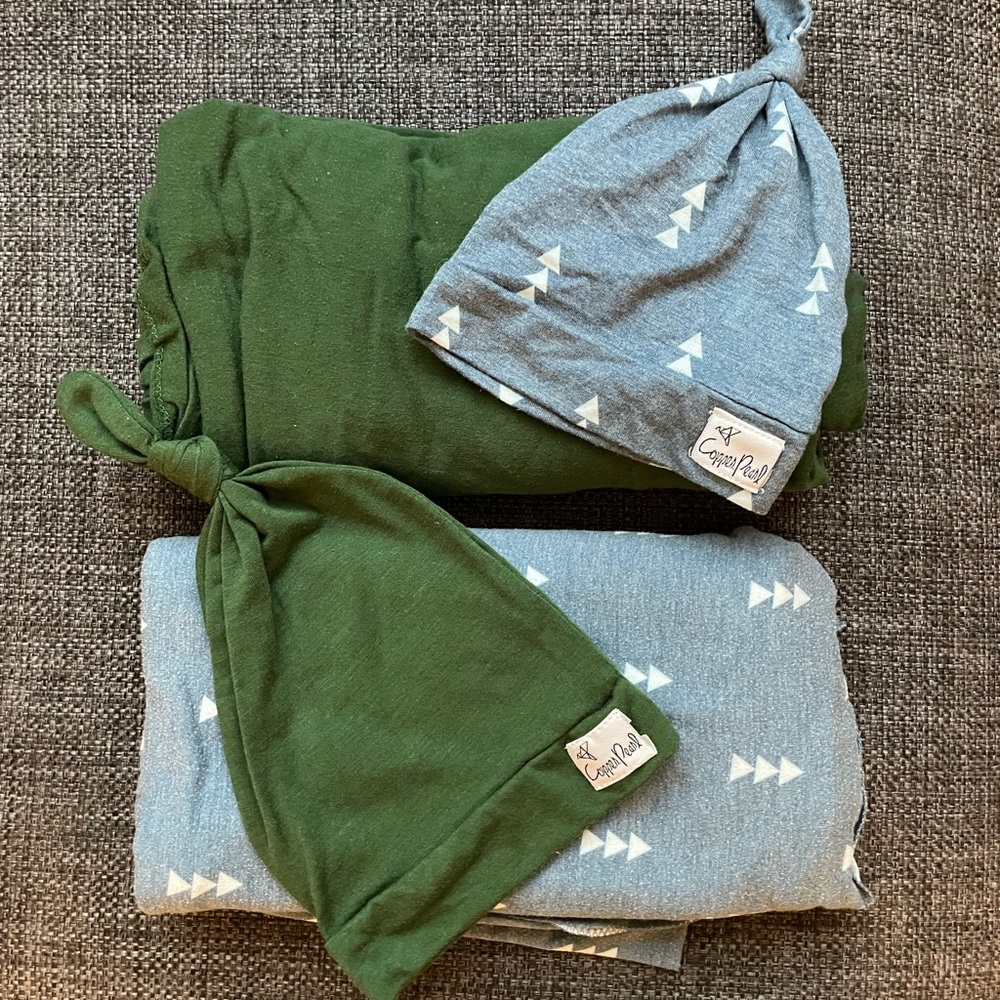 Two Copper Pearl swaddles and matching hats. Barely worn.